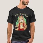 かわいいブロンドのアニメの女の子とコルギドッグのクリスマスP Tシャツ (正面)