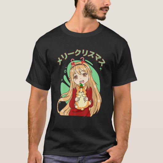 かわいいブロンドのアニメの女の子とコルギドッグのクリスマスP Tシャツ (正面)