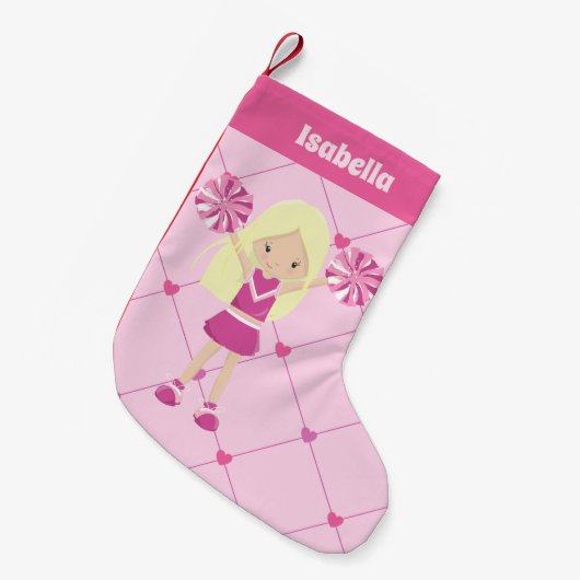 かわいいブロンドのチアリーダーピンクパーソナライズされた応援 スモールクリスマスストッキング (正面 (吊り時))
