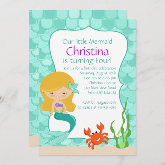 かわいいブロンドの人魚の誕生日の招待状 招待状 (正面/裏面)