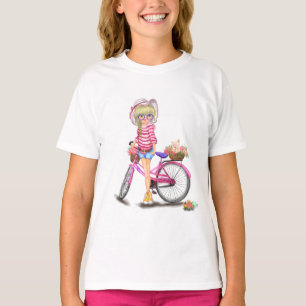 かわいいブロンドの女の子とピンクバイクの女の子Tシャツ Tシャツ