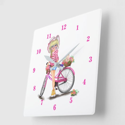かわいいブロンドの女の子と、花に猫をつけたピンクの自転車 スクエア壁時計 (傾斜)