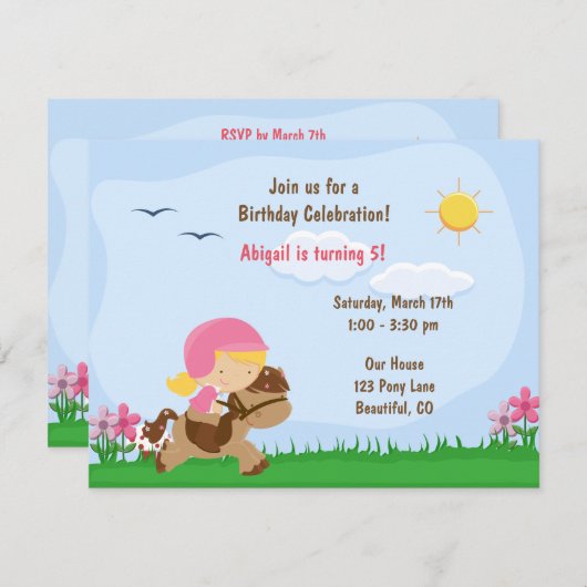 かわいいブロンドガールライディングブラウンホース誕生日招待状 招待状 (正面/裏面)