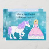 かわいいブロンドプリンセスとユニコーン誕生日 招待状 (正面/裏面)
