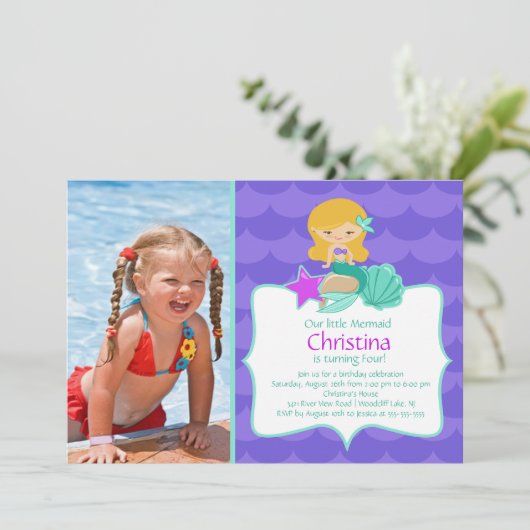 かわいいブロンドマーメイドフォト誕生日招待状 招待状 (スタンド正面)