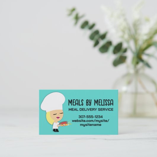 かわいいブロンド女の子シェフステーキディナービズカード 名刺 (スタンド正面)