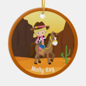 かわいいブロンド女性のカーボーイカスタムキッズネームクリスマス セラミックオーナメント (正面)