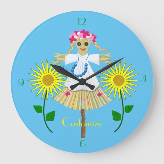 かわいいブロンド弁髪かかし ラージ壁時計 (正面)