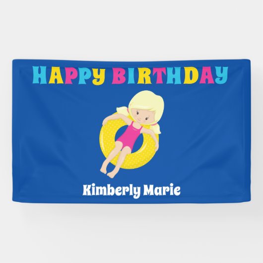 かわいいブロンド泳ぐ女の子カスタムプール誕生日パーティー 横断幕 (横)
