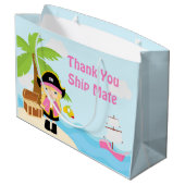 かわいいブロンド海賊ガールインピンク誕生日ありがとう ラージペーパーバッグ (裏面アングル)