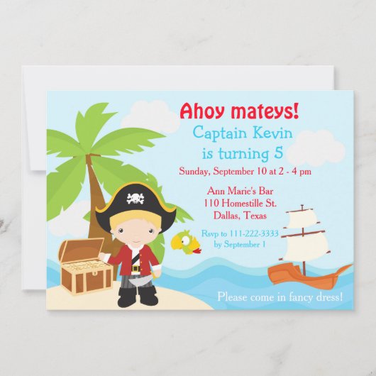 かわいいブロンド海賊ボーイ誕生パーティー 招待状 (正面)