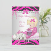 かわいいブロンド赤ちゃんシャワー女の子ピンクゼブラカップケーキ 招待状 (スタンド正面)