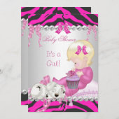 かわいいブロンド赤ちゃんシャワー女の子ピンクゼブラカップケーキ 招待状 (正面/裏面)