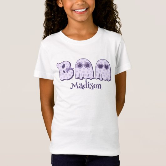 かわいいブーおばけハロウィンカスタム名前またはテキスト女の子 Tシャツ (正面)