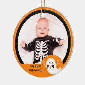 かわいいブーイングの幽霊のハロウィンの写真のオーナメント セラミックオーナメント (左)