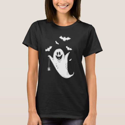 かわいいブー幽霊こうもり面白いハロウィーンのコスチューム不気味 Tシャツ (正面)