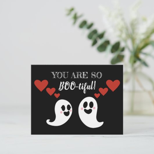 かわいいブー美しい幽霊ハートバレンタインデー シーズンポストカード (スタンド正面)