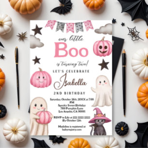 かわいいブー パーティー ピンクの幽霊 - ハロウィン 2歳の誕生日 招待状