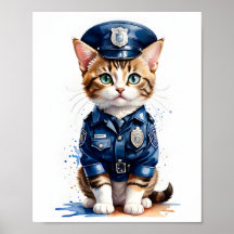 かわいいプッシー猫in警察ユニフォーム水彩画