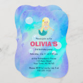 かわいいプリティーマーメイドの女の子の誕生日青水彩 招待状 (正面/裏面)