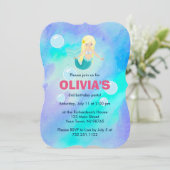 かわいいプリティーマーメイドの女の子の誕生日青水彩 招待状 (スタンド正面)