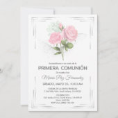 かわいいプリメラCOMUNIONピンクのバラの最初の聖餐会 招待状 (正面)