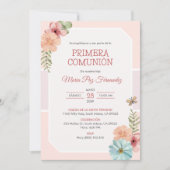 かわいいプリメラcomunionピンクの花が最初の聖餐会 招待状 (正面)