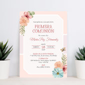 かわいいプリメラcomunionピンクの花が最初の聖餐会 招待状