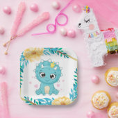 かわいいプリンスティール(緑がかった色)と黄色い恐竜の赤ちゃんシャワー ペーパープレート (パーティー)