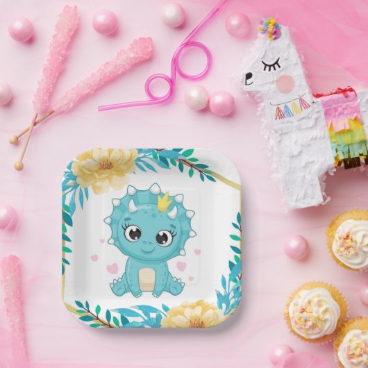 かわいいプリンスティール（緑がかった色）と黄色い恐竜の赤ちゃんシャワー ペーパープレート (パーティー)