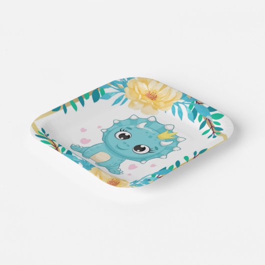 かわいいプリンスティール(緑がかった色)と黄色い恐竜の赤ちゃんシャワー ペーパープレート (傾斜あり)