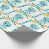 かわいいプリンスティール(緑がかった色)と黄色い恐竜の赤ちゃんシャワー ラッピングペーパー (角)