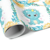 かわいいプリンスティール(緑がかった色)と黄色い恐竜の赤ちゃんシャワー ラッピングペーパー (ロールコーナー)