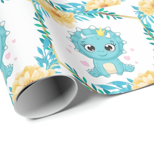 かわいいプリンスティール(緑がかった色)と黄色い恐竜の赤ちゃんシャワー ラッピングペーパー (ロールコーナー)
