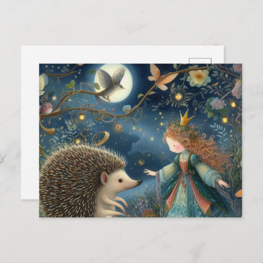 かわいいプリンセスとハリネズミのファンタジー ポストカード (正面/裏面)