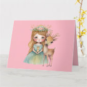 かわいいプリンセスと子鹿の赤ちゃんの挨 カード (黄色い花)