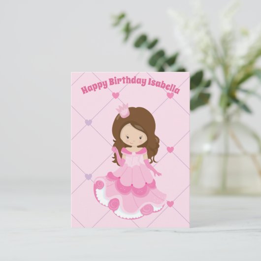 かわいいプリンセスの女の子ピンク子供カスタムハッピーバースデー ポストカード (スタンド正面)