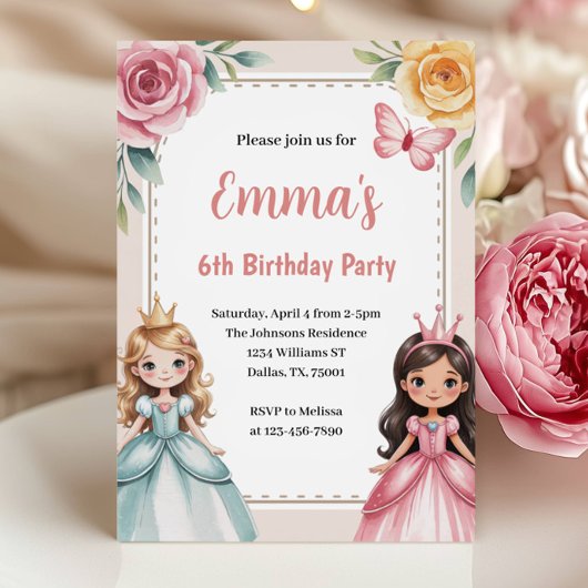 かわいいプリンセスの6歳の誕生日パーティー 招待状
