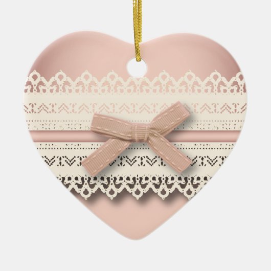 かわいいプリンセスガーリーシックなホワイトレースピンクボウ セラミックオーナメント (正面)