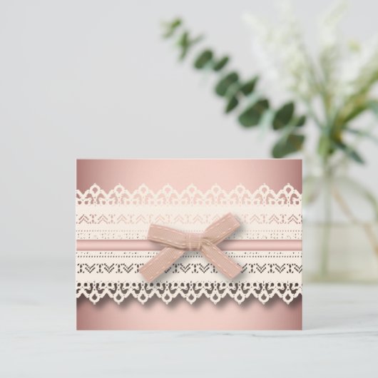 かわいいプリンセスガーリーシックなホワイトレースピンクボウ ポストカード (スタンド正面)