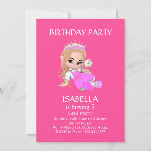 かわいいプリンセスガールinピンク5thバースデーパーティー 招待状 (正面)