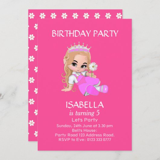 かわいいプリンセスガールinピンク5thバースデーパーティー 招待状 (正面/裏面)