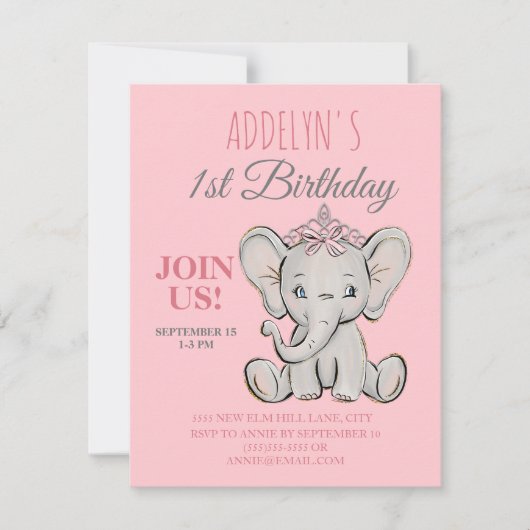 かわいいプリンセスゾウ小さな女の子の誕生日 招待状 (正面)