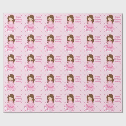 かわいいプリンセスハッピーバースデーピンクカスタムの女の子 ラッピングペーパー (フラット)