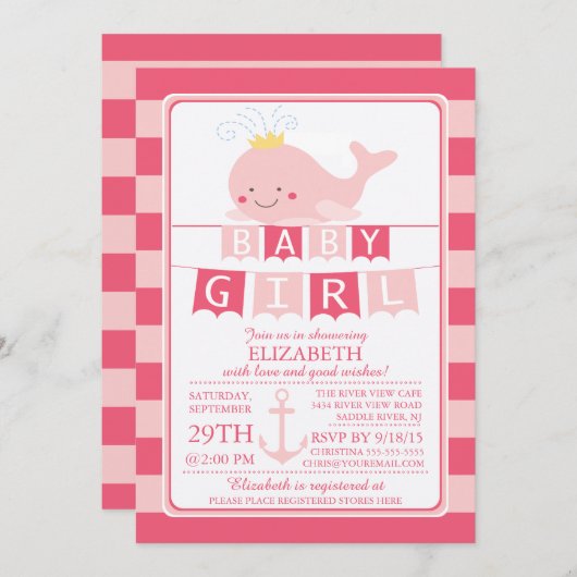 かわいいプリンセスホエールガールベビーシャワー招待状 招待状 (正面/裏面)