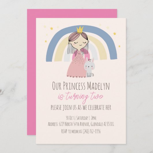 かわいいプリンセス誕生会 招待状 (正面/裏面)