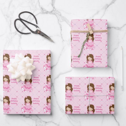 かわいいプリンセス誕生日ピンクガールパーソナライズされたズ ラッピングペーパーシート (正面)