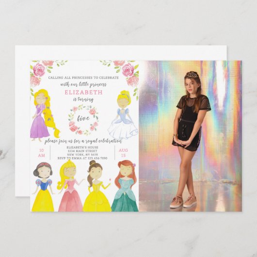 かわいいプリンセス誕生日招待状と写真 招待状 (正面/裏面)