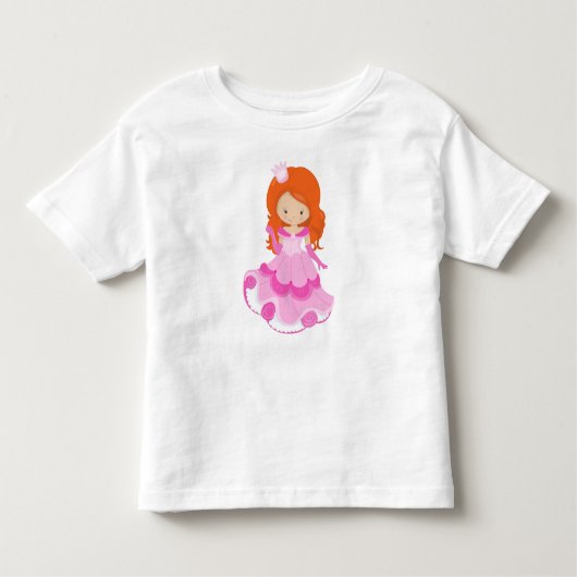 かわいいプリンセス、クラウン、ピンクのドレス、オレンジ色の髪 トドラーTシャツ (正面)
