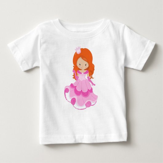 かわいいプリンセス、クラウン、ピンクのドレス、オレンジ色の髪 ベビーTシャツ (正面)